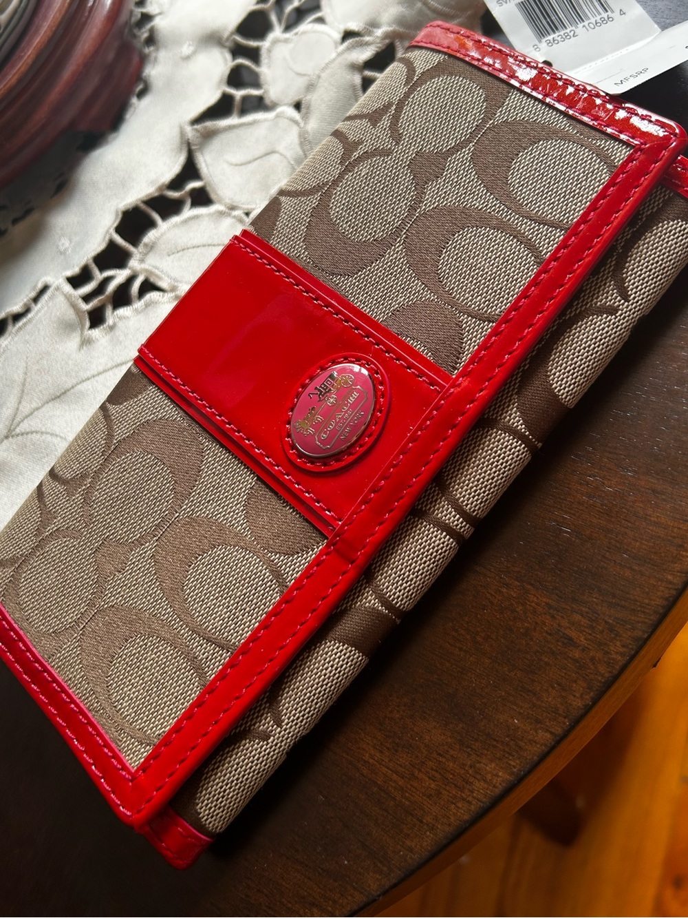 New Coach Brown Signature Canvas Wallet with Red Exterior and Pink Interior